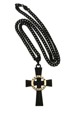 Polished Veritas Aequitas Pendant 5mm Black Cuban Chain Necklace, Gold-Tone