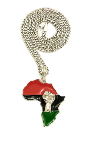 Power Fist on Pan Africa Continent Pendant with 3mm 24" Cuban Chain Necklace, Silver-Tone