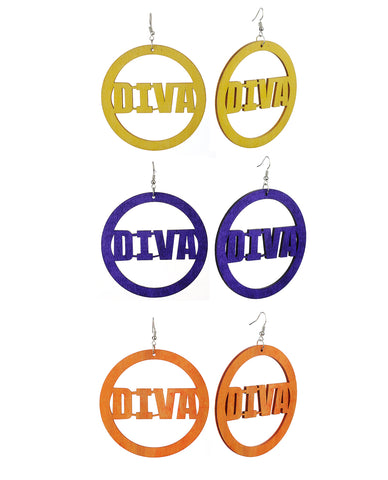 Women's Diva Encircled Wood Dangle Pierced Earrings Set, Yellow/Purple/Orange