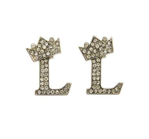 Stone Stud Tilted Crown Initial Pierced Earrings, L/Silver-Tone