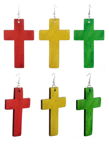 Women's Smooth Wooden Cross Dangle Pierced Earrings Set, Red/Mustard/Green