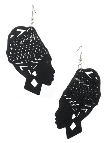 Women's Wooden African Woman Turbanista Figure Dangle Pierced Earrings, Black