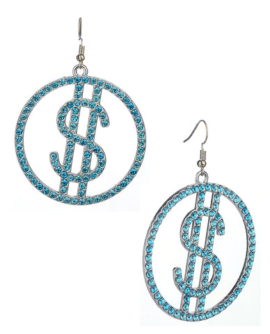 Women's Stone Stud Encircled Dollar Sign Money Symbol Dangle Pierced Earrings, Blue/Silver-Tone