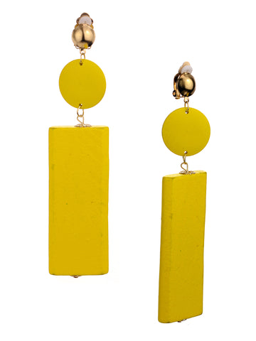 Women's Wood Geometric Round and Rectangular Clip On Earrings, Yellow
