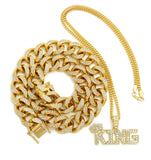 Hip Hop Rapper's Style Iced Out Cuban Chain & Stone Stud Crowned KING Pendant with Box Chain Necklace Set