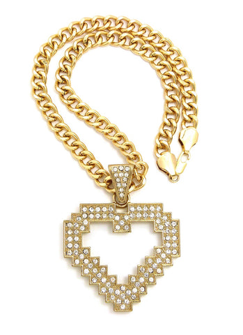 Stone Stud Pixel Heart Pendant with 8mm 18" Link Chain Necklace, Gold-Tone