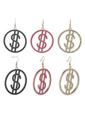 Women's Stone Stud Encircled Dollar Sign Money Symbol Dangle Pierced Earrings Set, Black/Pink/Aurora Borealis