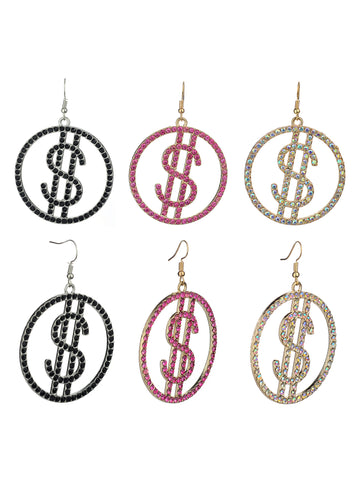 Women's Stone Stud Encircled Dollar Sign Money Symbol Dangle Pierced Earrings Set, Black/Pink/Aurora Borealis
