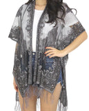Women's Paisley Burnout Tassel Ends Sheer Shawl Cardigan, Black