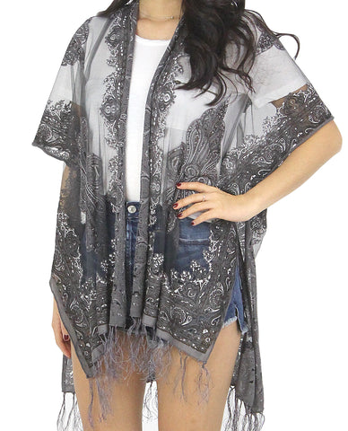 Women's Paisley Burnout Tassel Ends Sheer Shawl Cardigan, Black