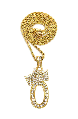 Stone Stud Tilted Crown Number Pendant with 3mm 18" Rope Chain Necklace, 0, Gold-Tone