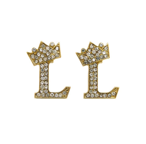 Stone Stud Tilted Crown Initial Pierced Earrings, L/Gold-Tone
