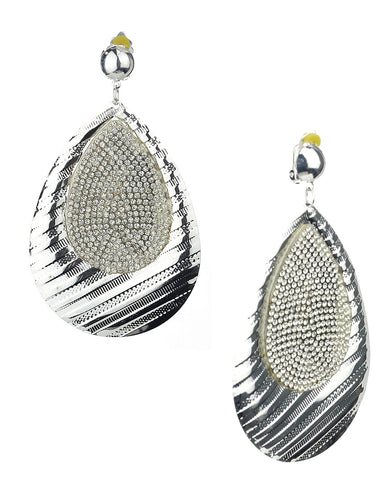 Women's Stone Stud Imprinted Design Teardrop Metal Dangle Clip On Earrings, Silver-Tone