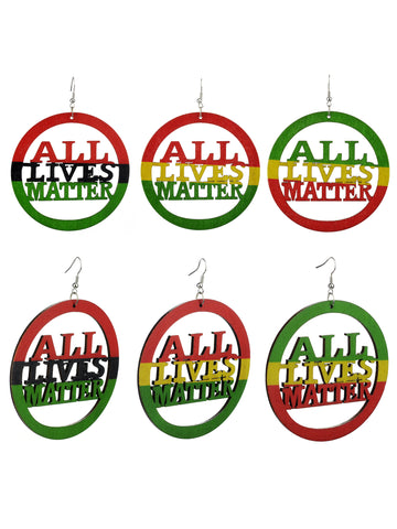 Women's Rasta Slogan All Lives Matter Wood Encircled Dangle Pierced Earrings Set