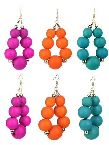 Women's Wooden Ball Bead Hoop Dangle Pierced Earrings Set