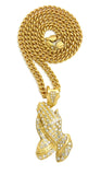 Stone Stud Praying Hands Pendant with 6mm Cuban Chain in Gold-Tone, 24"