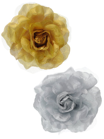 Women's Multifunction Rose Flower Sheer Petal Brooch Pin Hair Tie Clip Set of 2, Gold/Silver