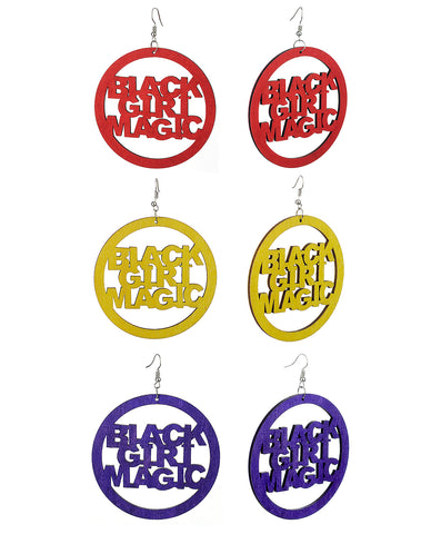 Women's Afrocentric Black Girl Magic Encircled Wood Dangle Pierced Earrings Set, Red/Yellow/Purple