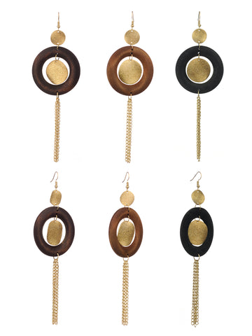 Women's Hammered Glitter Circle Wood Dangle Pierced Earrings Set, Black/Brown/Light Brown