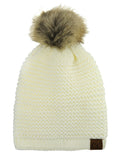 C.C Horizontal Knit Faux Fur Pom Back Drawstring Slouch Beanie Hat