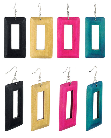 Women's Geometric Open Rectangle Wood Dangle Pierced Earrings 4 Pair Set, Black/Mustard/Hot Pink/Turquoise