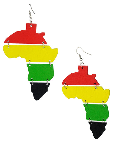 Women's Rasta Africa Continent Wood Pierced Dangle Earrings, Linked