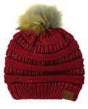 NYFASHION101 Soft Stretch Cable Knit Faux Fur Pom Pom Metal Color Beanie Hat