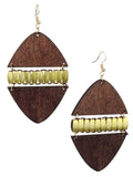 Women's Linked Rounded Diamond Shape Wood Dangle Pierced Earrings, Brown