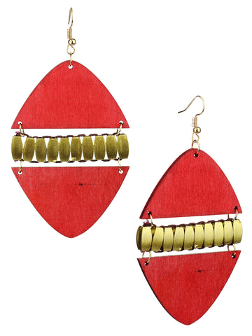 Women's Linked Rounded Diamond Shape Wood Dangle Pierced Earrings, Red