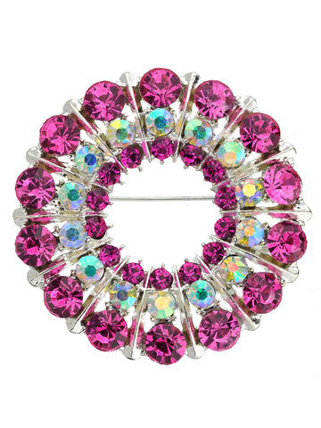 NYFASHION101 Elegant Formal Multi Size Rhinestone Studded Round Brooch Pin, Pink/Silver-Tone