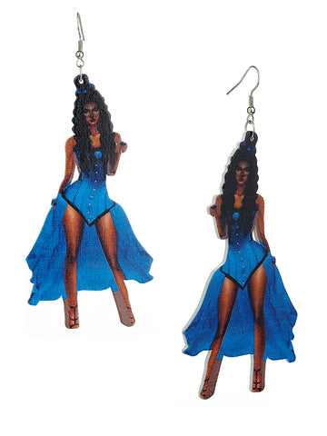 Women's Exquisite African Ebony Model Dangle Pierced Earrings, Corset Dress