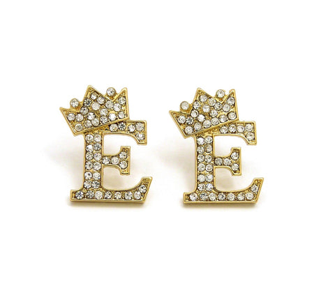 Stone Stud Tilted Crown Initial Pierced Earrings, E/Gold-Tone