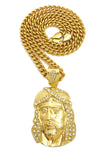 Stone Stud Hair Jesus Face Pendant with 6mm Cuban Chain in Gold-Tone, 30"