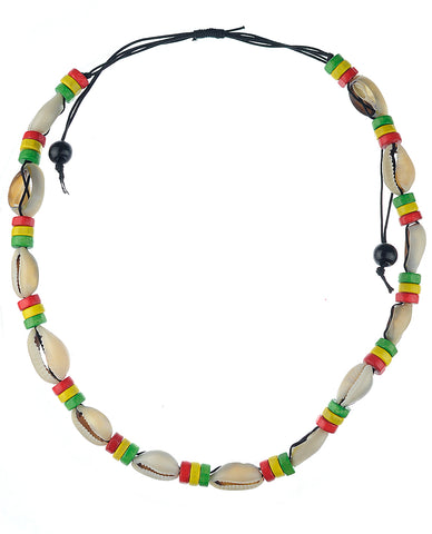 Unisex Wood Disc Rasta Conch Shell Macarame Necklace