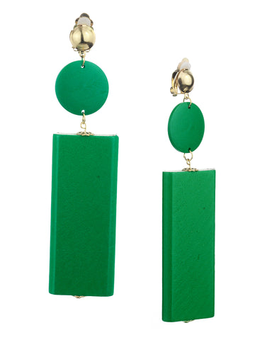 Women's Wood Geometric Round and Rectangular Clip On Earrings, Green
