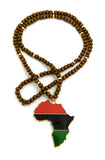 Pan Africa Continent Pendant with  6mm 30" Wooden Bead and Metal Disc Necklace, Gold-Tone/Brown Wood