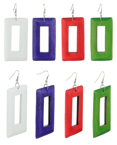 Women's Geometric Open Rectangle Wood Dangle Pierced Earrings 4 Pair Set, White/Purple/Red/Green