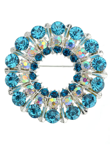 NYFASHION101 Elegant Formal Multi Size Rhinestone Studded Round Brooch Pin, Turquoise/Silver-Tone
