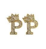 Stone Stud Tilted Crown Initial Pierced Earrings, P/Gold-Tone