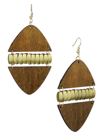 Women's Linked Rounded Diamond Shape Wood Dangle Pierced Earrings, Light Brown