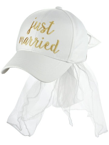 C.C Women's Bridal Metallic Gold Embroidered Adjustable Lace Veil Baseball Cap, Just Married