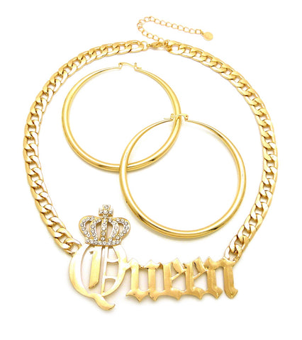 Stone Stud Crowned Queen Pendant Chain Necklace with Polished Hoop Earrings Jewelry Set