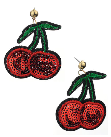 Women's Sequin Tropical Fruit Patch Dangle Pierced Earrings, Cherry