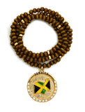 Stone Stud Jamaica Waving Flag Medal Pendant with 6mm 30" Wood Bead Color Disc Necklace, Brown Wood/Gold-Tone