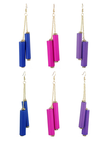 Women's Wood Cylinder Mini Stone Stud Ends Link Chain Dangle Pierced Earrings Set, Royal/Hot Pink/Purple