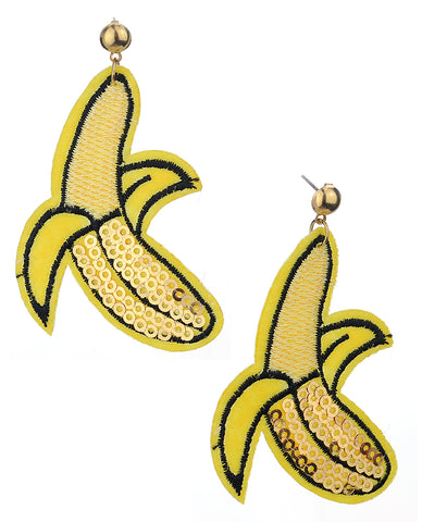 Women's Sequin Tropical Fruit Patch Dangle Pierced Earrings, Banana