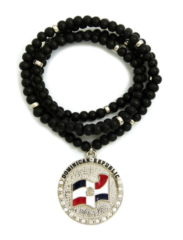 Stone Stud Dominican Republic Waving Flag Medal Pendant with 6mm 30" Wood Bead Color Disc Necklace, Black Wood/Silver-Tone
