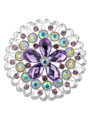 NYFASHION101 Elegant Formal Star Flower Rhinestone Studded Round Brooch Pin, AMethyst/Silver-Tone