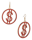 Women's Stone Stud Encircled Dollar Sign Money Symbol Dangle Pierced Earrings, Red/Gold-Tone
