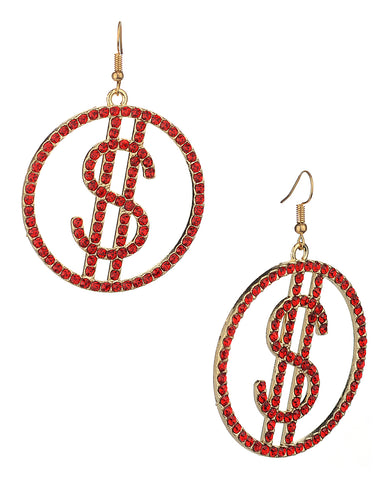 Women's Stone Stud Encircled Dollar Sign Money Symbol Dangle Pierced Earrings, Red/Gold-Tone